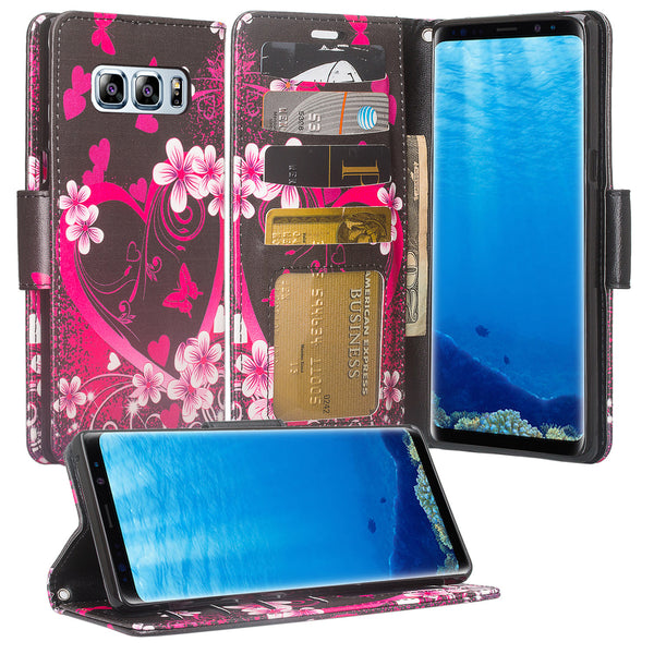 Samsung Galaxy Note 8 Case, Galaxy Note 8 Wallet Case, Slim Flip Folio [Kickstand] Pu Leather Wallet Case with ID & Card Slots & Pocket + Wrist Strap - Heart Butterflies