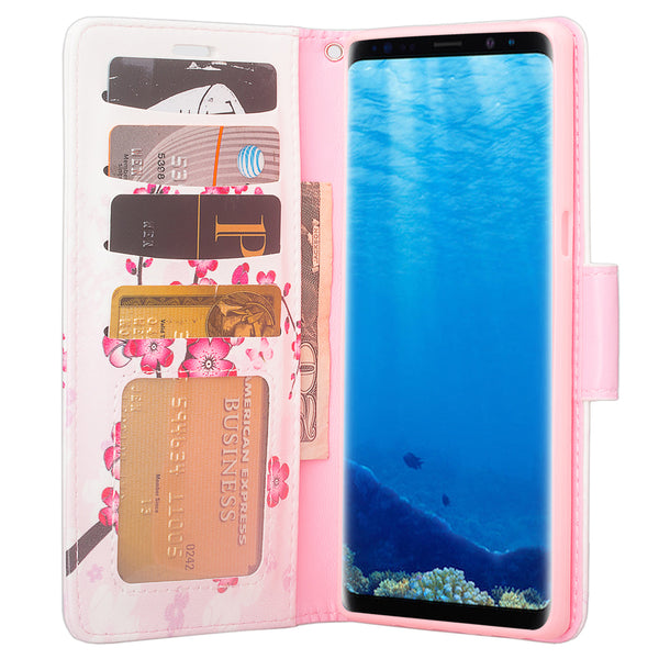 Samsung Galaxy Note 8 Case, Galaxy Note 8 Wallet Case, Slim Flip Folio [Kickstand] Pu Leather Wallet Case with ID & Card Slots & Pocket + Wrist Strap - Cherry Blossom