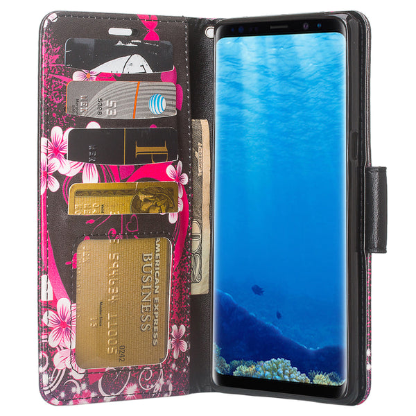 Samsung Galaxy Note 8 Case, Galaxy Note 8 Wallet Case, Slim Flip Folio [Kickstand] Pu Leather Wallet Case with ID & Card Slots & Pocket + Wrist Strap - Heart Butterflies