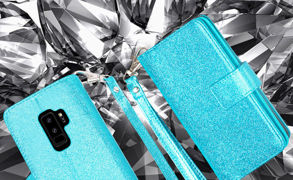 Samsung Galaxy S9 Plus Glitter Wallet Case - Teal - www.coverlabusa.com