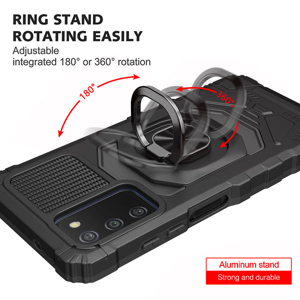 ring car mount kickstand hyhrid phone case for samsung galaxy a03s - black - www.coverlabusa.com