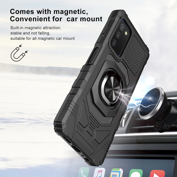 ring car mount kickstand hyhrid phone case for samsung galaxy a03s - black - www.coverlabusa.com