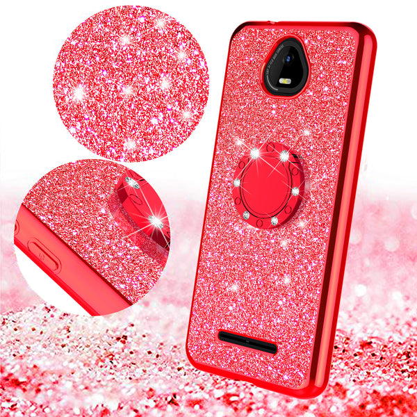 For Boost Schok Volt SV55 Case, Glitter Cute Phone Case Girls with Kickstand,Bling Diamond Rhinestone Bumper Ring Stand Sparkly Luxury Clear Thin Soft Protective Boost Schok Volt SV55 Case for Girl Women - Red