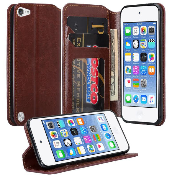 iPod Touch 5 / Ipod Touch 6 Wallet Case, Slim Strap Flip Folio [Kickstand] Pu Leather Wallet Case with ID & Credit Card Slots - Brown