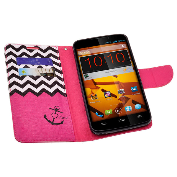 ZTE Max Wallet Case [Card Slots + Money Pocket + Kickstand] and Strap - Hot Pink Anchor