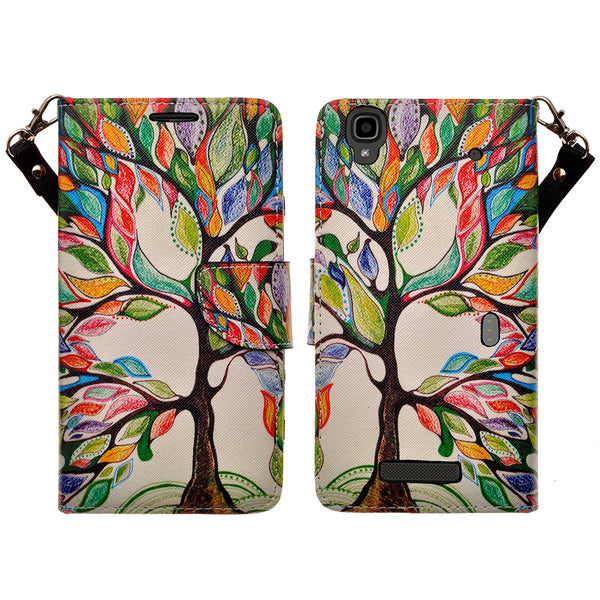 ZTE Max Wallet Case [Card Slots + Money Pocket + Kickstand] and Strap - Colorful Tree