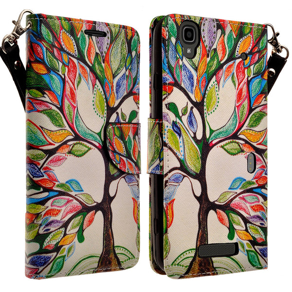 ZTE Max Wallet Case [Card Slots + Money Pocket + Kickstand] and Strap - Colorful Tree