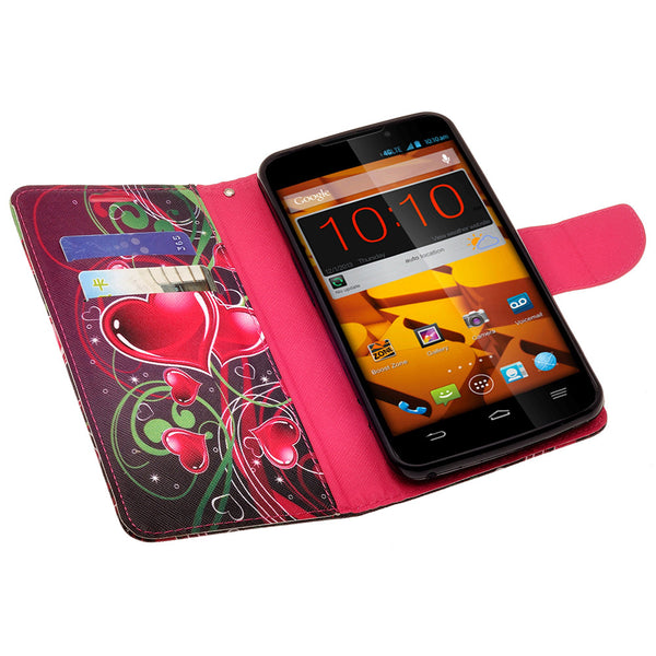 ZTE Max Wallet Case [Card Slots + Money Pocket + Kickstand] and Strap - Heart Strings