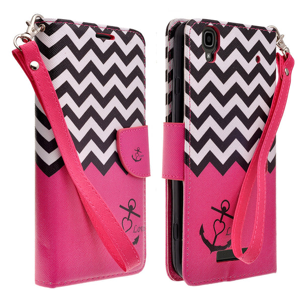 ZTE Max Wallet Case [Card Slots + Money Pocket + Kickstand] and Strap - Hot Pink Anchor