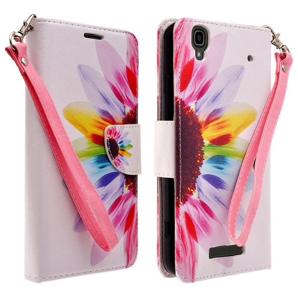 ZTE Max Wallet Case [Card Slots + Money Pocket + Kickstand] and Strap - Vivid Sunflower