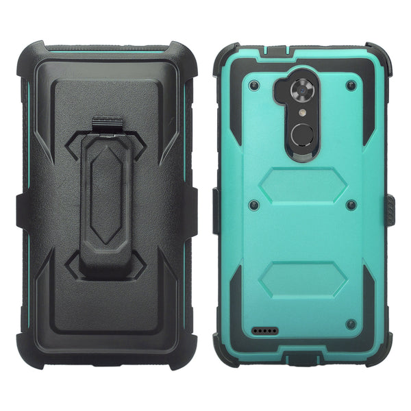 ZTE Max XL, ZTE Blade Max 3, Zmax Pro 2 Tri-Layer Full Coverage[Built-in Kickstand] Shock Resistant Hybrid Holster Clip Case - Teal