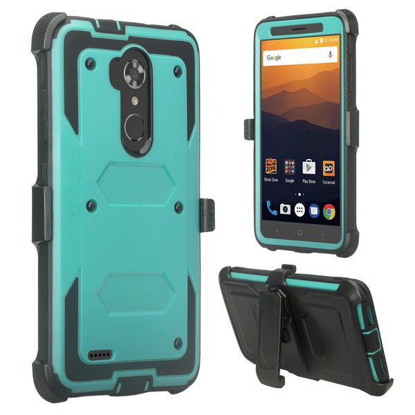 ZTE Max XL, ZTE Blade Max 3, Zmax Pro 2 Tri-Layer Full Coverage[Built-in Kickstand] Shock Resistant Hybrid Holster Clip Case - Teal