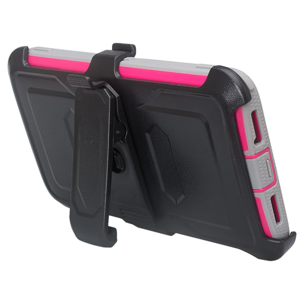 ZTE Max XL, ZTE Blade Max 3, Zmax Pro 2 Tri-Layer Full Coverage[Built-in Kickstand] Shock Resistant Hybrid Holster Clip Case - Hot Pink