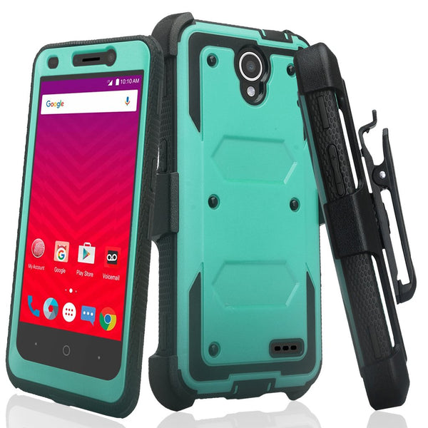 ZTE Prestige 2, Overture 3, Maven 3, Prelude Plus, ZTE 9136, Midnight Pro, Rugged Full-Body, Built-in Screen Protector, Heavy Duty Holster Combo Case Cover - Teal