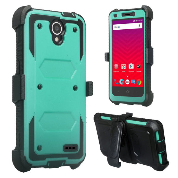 ZTE Prestige 2, Overture 3, Maven 3, Prelude Plus, ZTE 9136, Midnight Pro, Rugged Full-Body, Built-in Screen Protector, Heavy Duty Holster Combo Case Cover - Teal