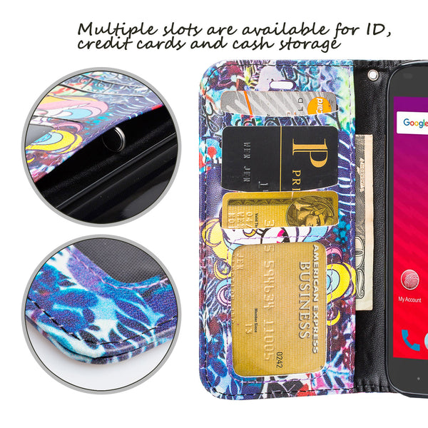 ZTE Prestige 2 Wallet Case [Card Slots + Money Pocket + Kickstand] and Strap - Rainbow Unicorn
