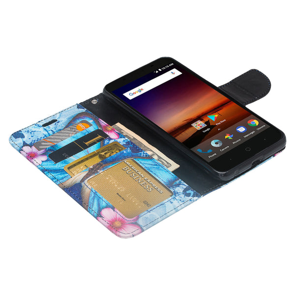 ZTE Blade Force Wallet Case [Card Slots + Money Pocket + Kickstand] and Strap - Blue Butterfly