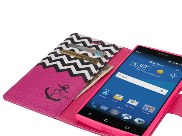 zte zmax 2 leather wallet case - hot pink anchor - www.coverlabusa.com